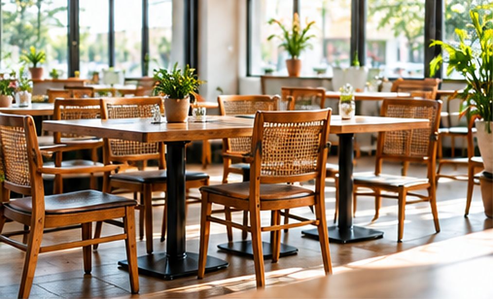 Wooden café chairs and tables in a bright room.