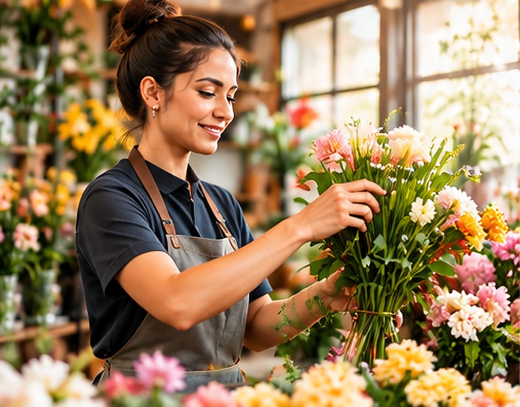 A florist arranging a bouquet by hand in her shop.