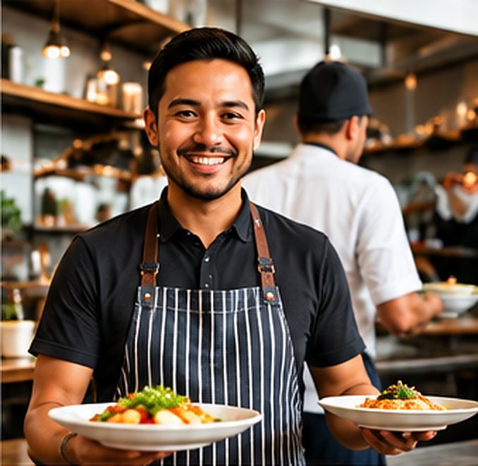 A member of a restaurant team in an apron, carrying two plates from the kitchen.