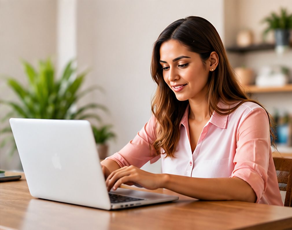 A business owner working on her laptop at a wooden table.