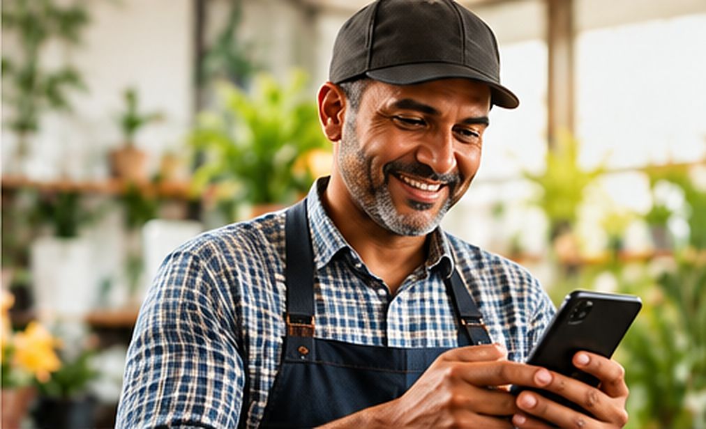 A supplier in a cap and apron, smiling at a message on his phone.